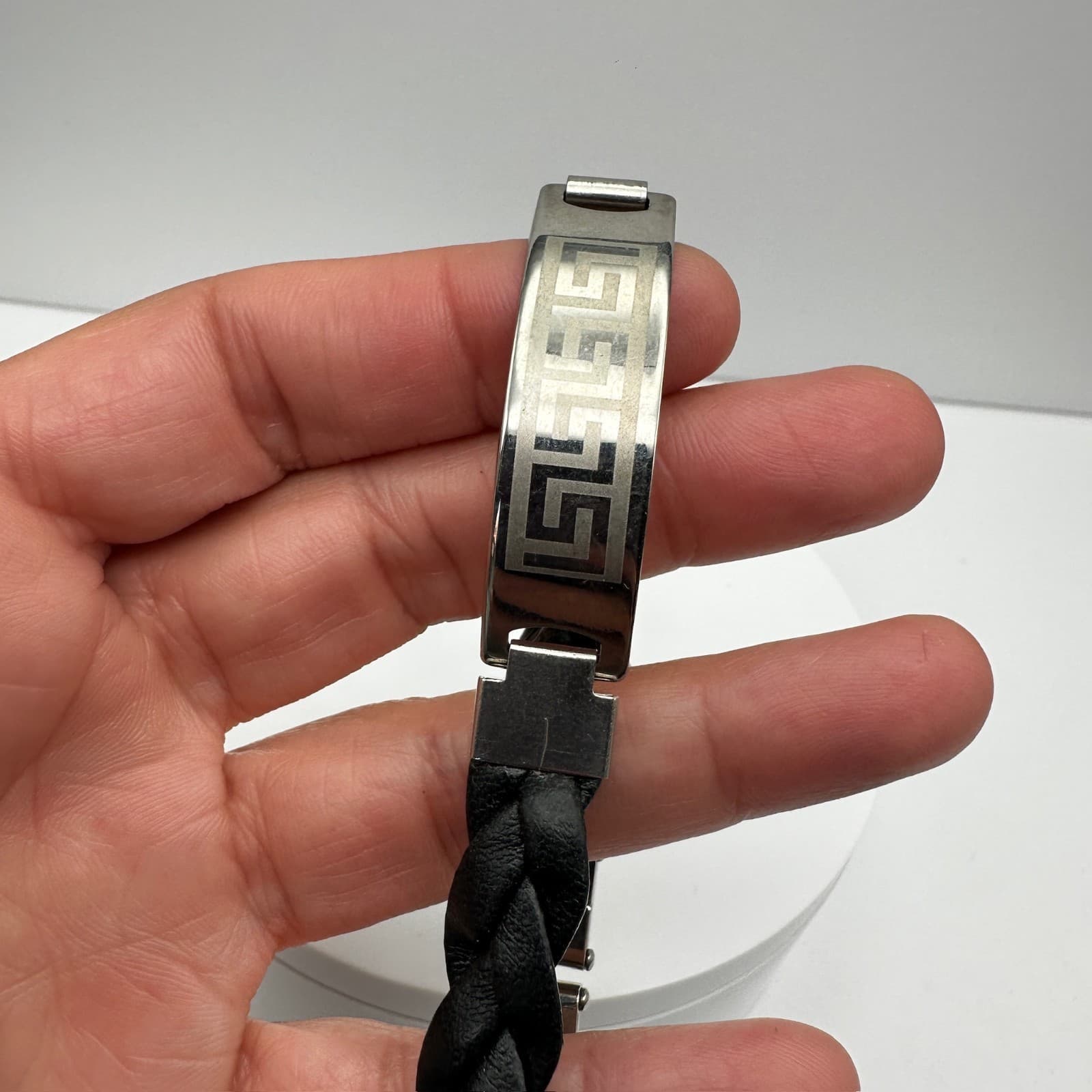 Vintage 90s Stainless Steel Black Braided Leather Bracelet Silver Tone Jewelry - Thumbnail 10