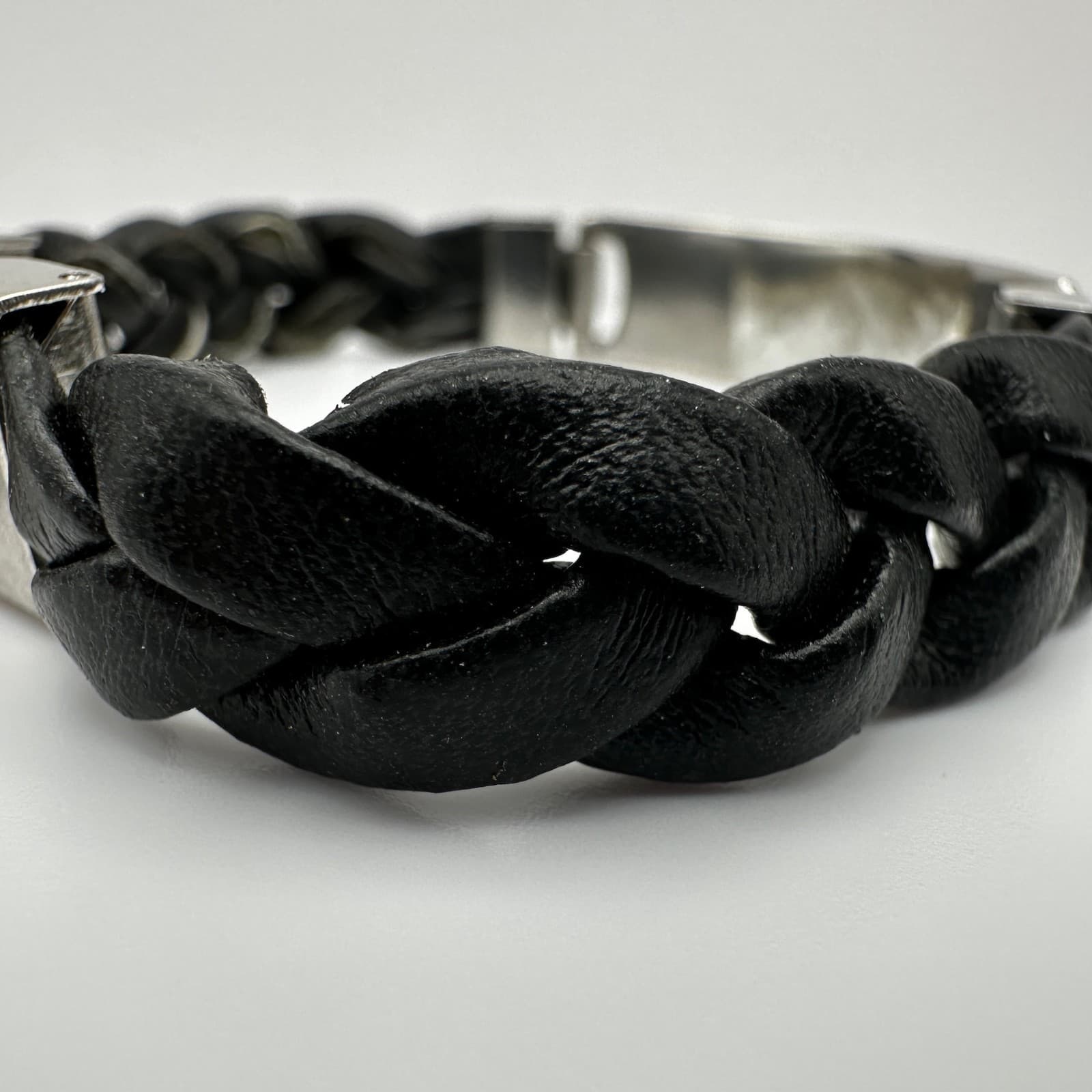 Vintage 90s Stainless Steel Black Braided Leather Bracelet Silver Tone Jewelry - Thumbnail 9