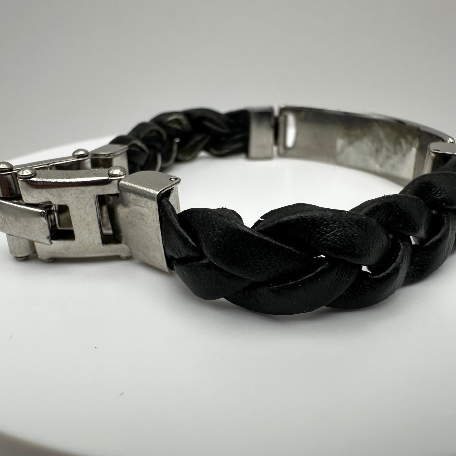 Vintage 90s Stainless Steel Black Braided Leather Bracelet Silver Tone Jewelry - Thumbnail 8