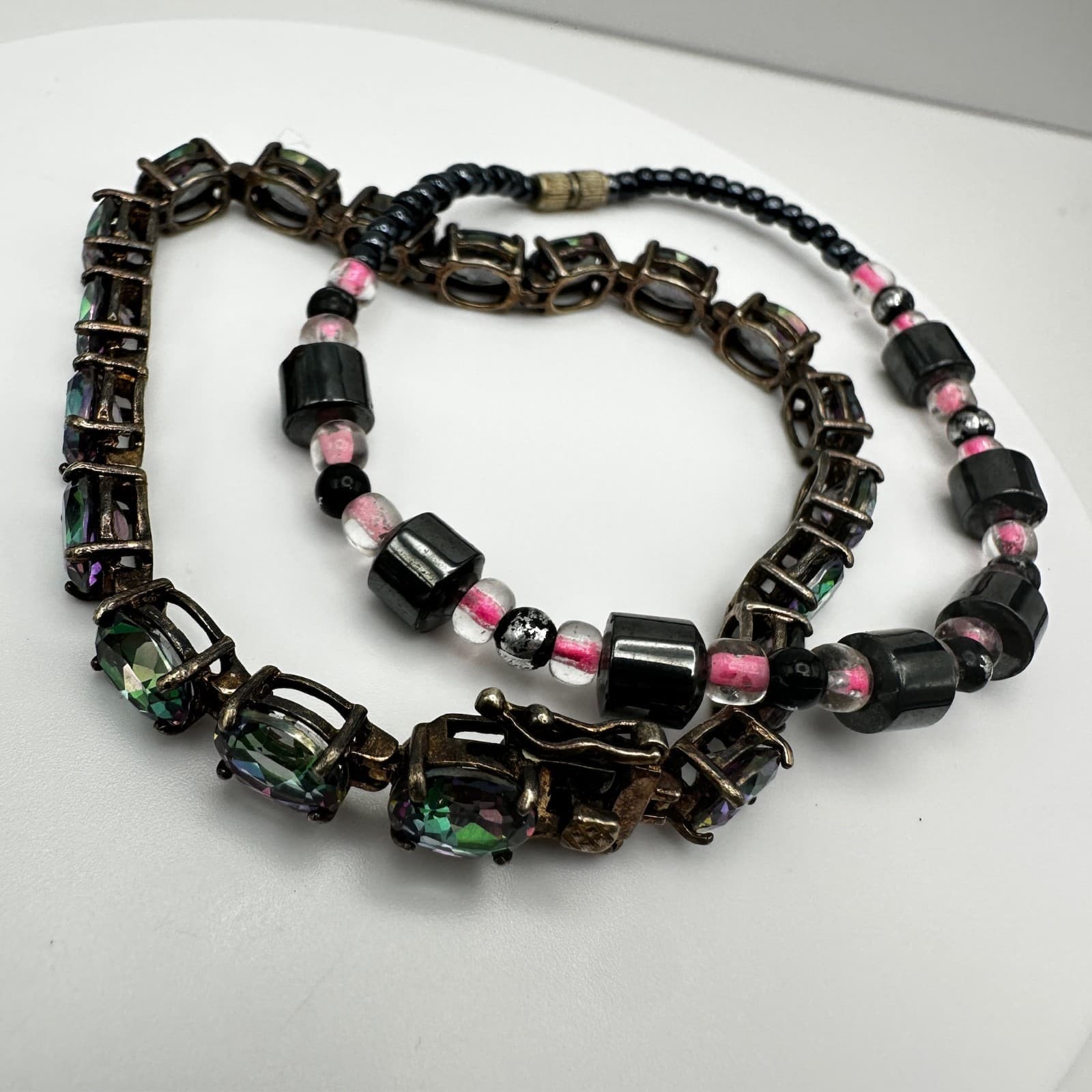 Vintage 90s Black & Pink Hematite Magnetic Necklace & Wrap Bracelet Set - Thumbnail 2