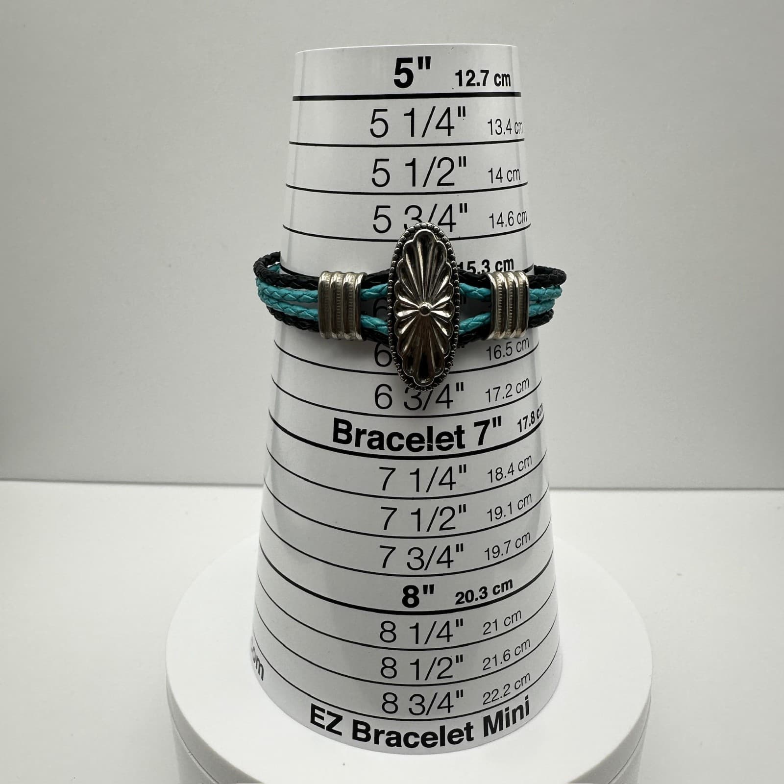 Vintage 80s Black & Turquoise Braided Bracelet, Silver-Tone Concho & Box Clasp - Thumbnail 11