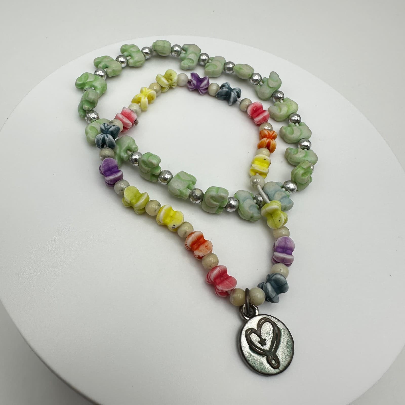 Vintage 90s Multi-Color Flower Bead Necklace & Silver Accent Charm Set Jewelry - Thumbnail 2