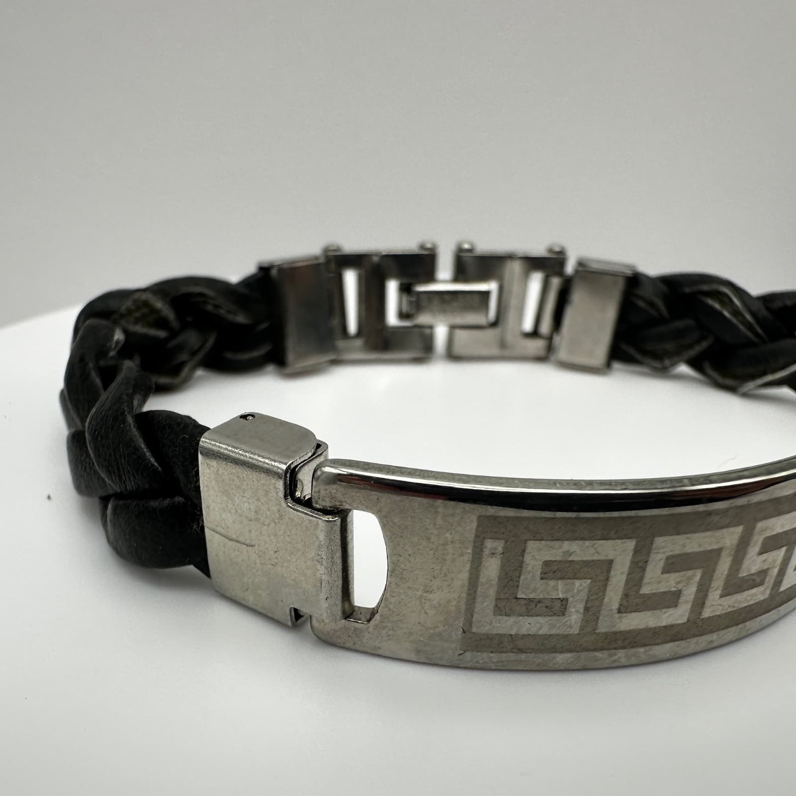 Vintage 90s Stainless Steel Black Braided Leather Bracelet Silver Tone Jewelry - Thumbnail 2