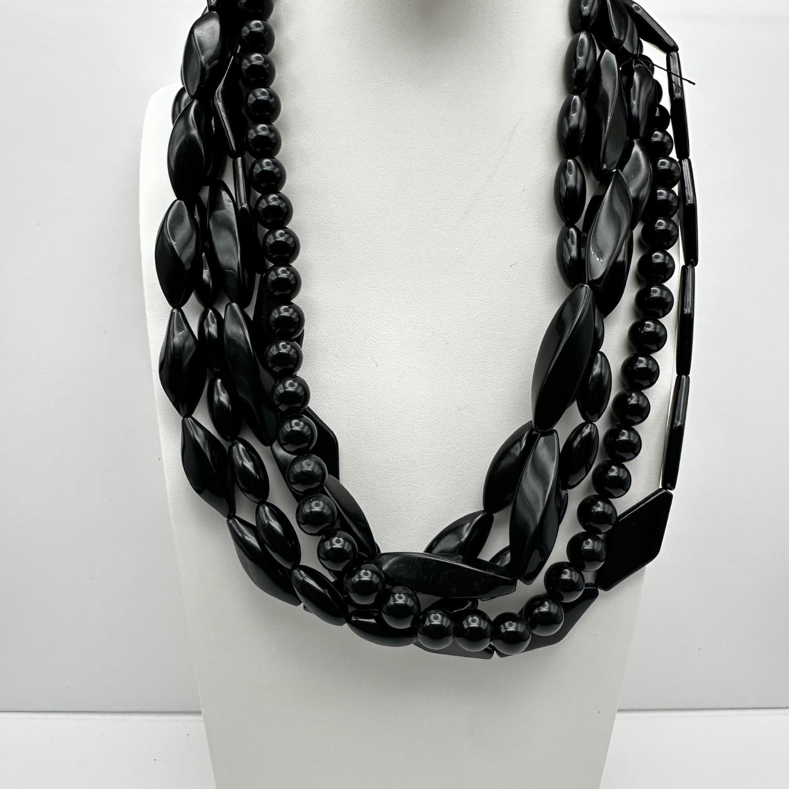 Vintage 80s Black Multi-Strand Necklace Chunky Glossy Bead Women's Jewelry - Image 1