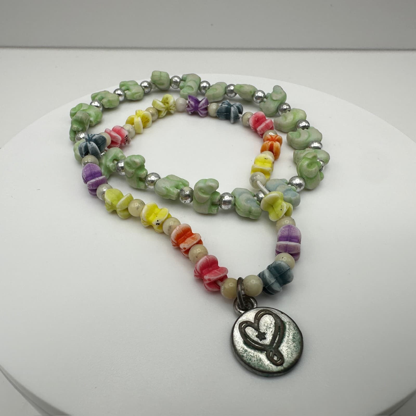 Vintage 90s Multi-Color Flower Bead Necklace & Silver Accent Charm Set Jewelry - Thumbnail 4