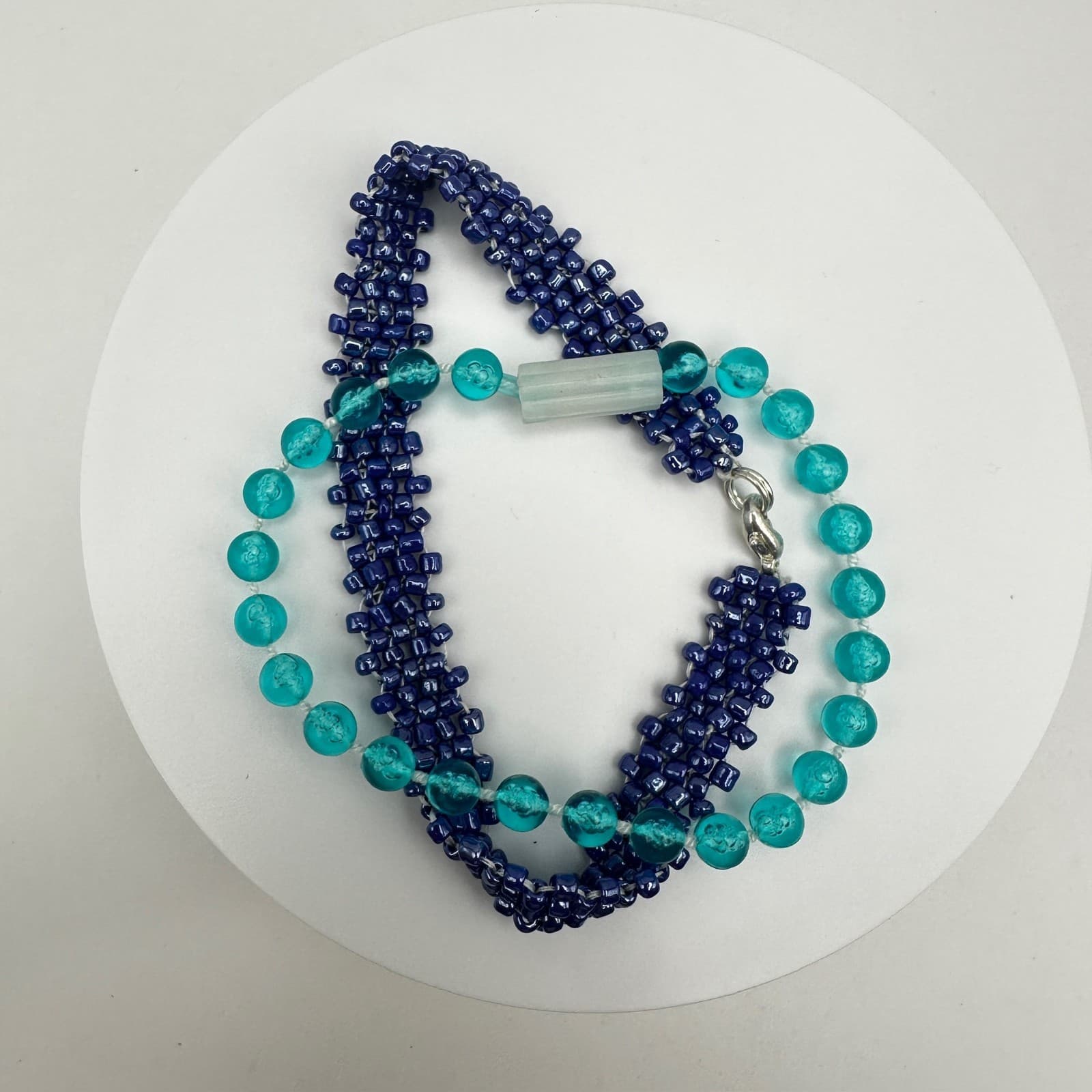Vintage 90s Multi-Strand Navy & Aqua Blue Faceted Glass Bead Bracelet Jewelry - Thumbnail 9