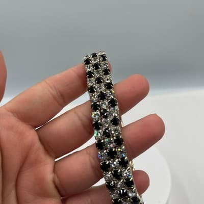 VTG Black & Clear Rhinestone Jewelry Set Necklace Bracelet Earrings Silver Tone - Thumbnail 11