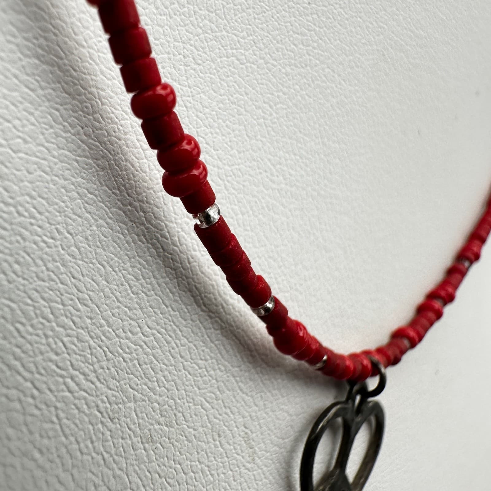 Vintage 90s Red Bead Heart Pendant Necklace Silver Tone Women's Jewelry - Thumbnail 8