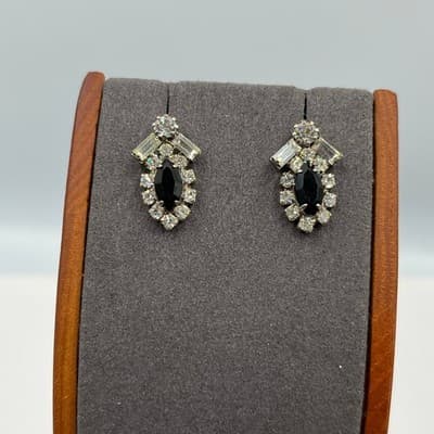 VTG Black & Clear Rhinestone Jewelry Set Necklace Bracelet Earrings Silver Tone - Thumbnail 14