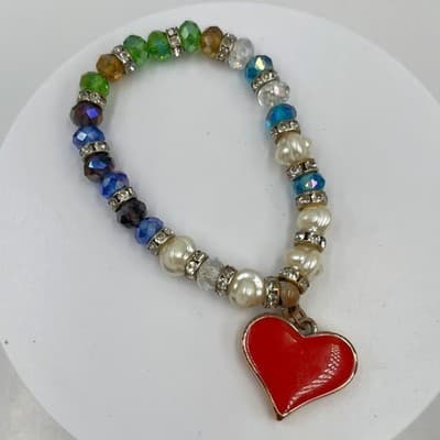 Vintage Beaded Bracelet Red Heart Charm Faux Pearl Crystal Rhinestone Accent - Image 1