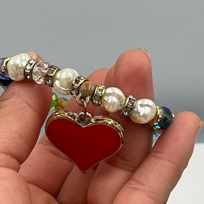 Vintage Beaded Bracelet Red Heart Charm Faux Pearl Crystal Rhinestone Accent - Thumbnail 7