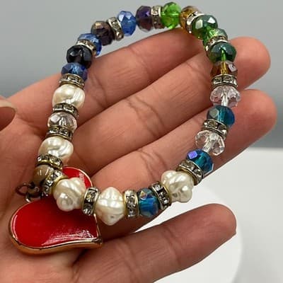 Vintage Beaded Bracelet Red Heart Charm Faux Pearl Crystal Rhinestone Accent - Thumbnail 8