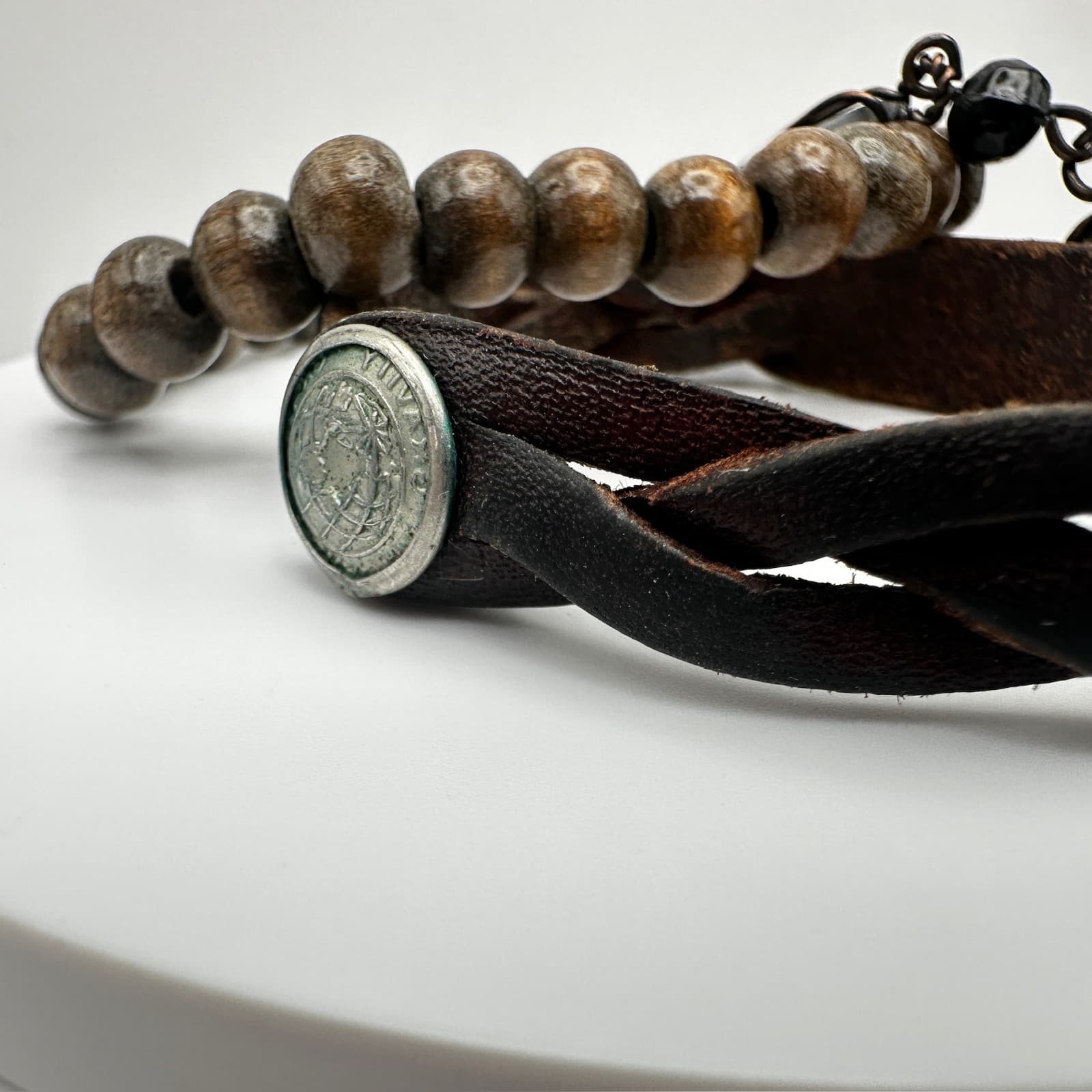 Vintage 80s Boho Layer Leather & Wood Bead Bracelets Wire-Wrapped Charms Jewelry - Thumbnail 8