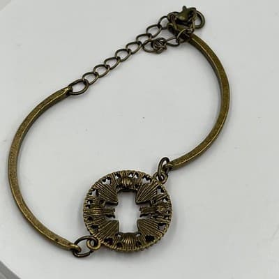 Vintage Bronze Tone Bracelet Amber Rhinestone Circle Link Adjustable Classic - Thumbnail 5