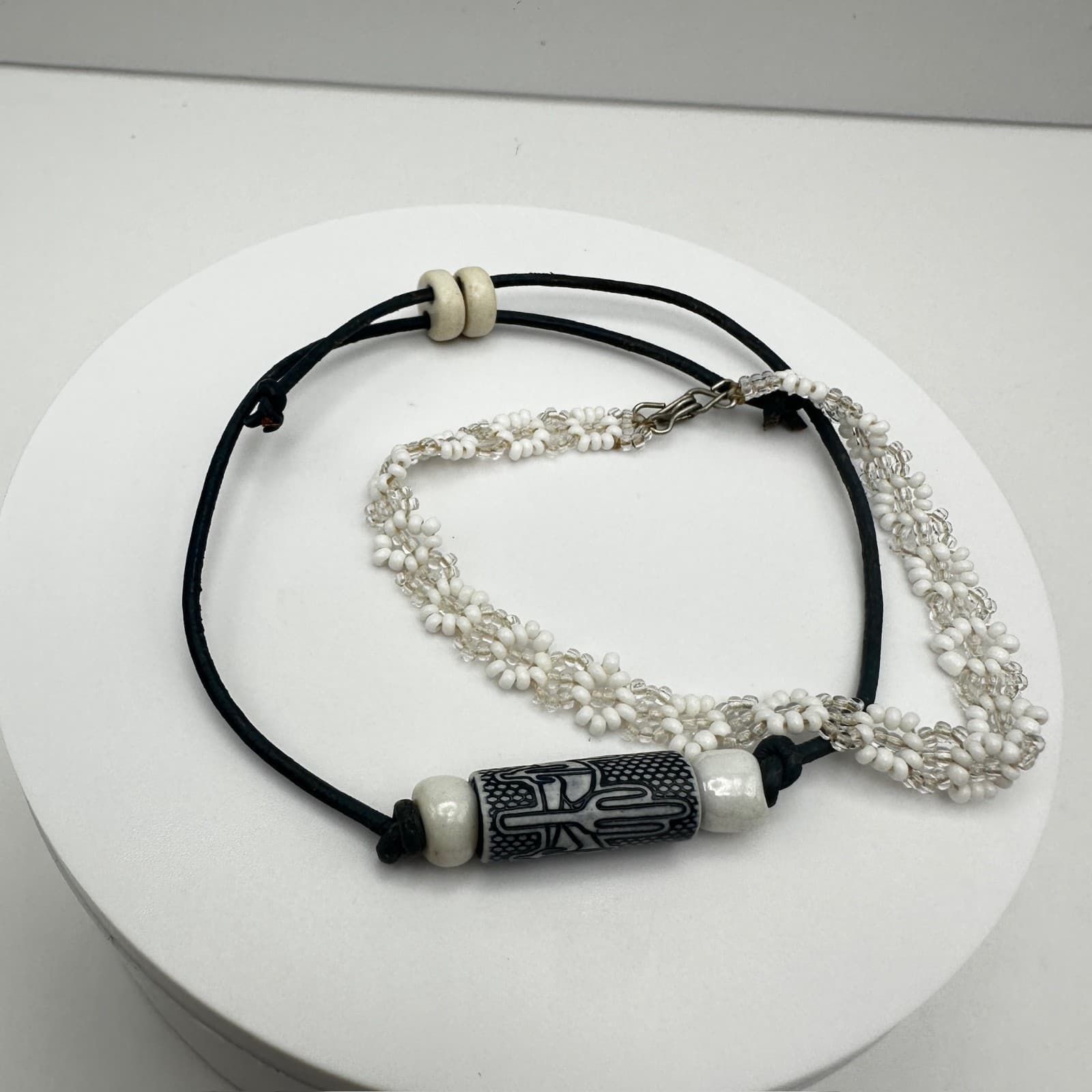 Vintage 90s Black Cord Tribal Ceramic Bead & White Daisy Chain Bracelets Jewelry - Image 1