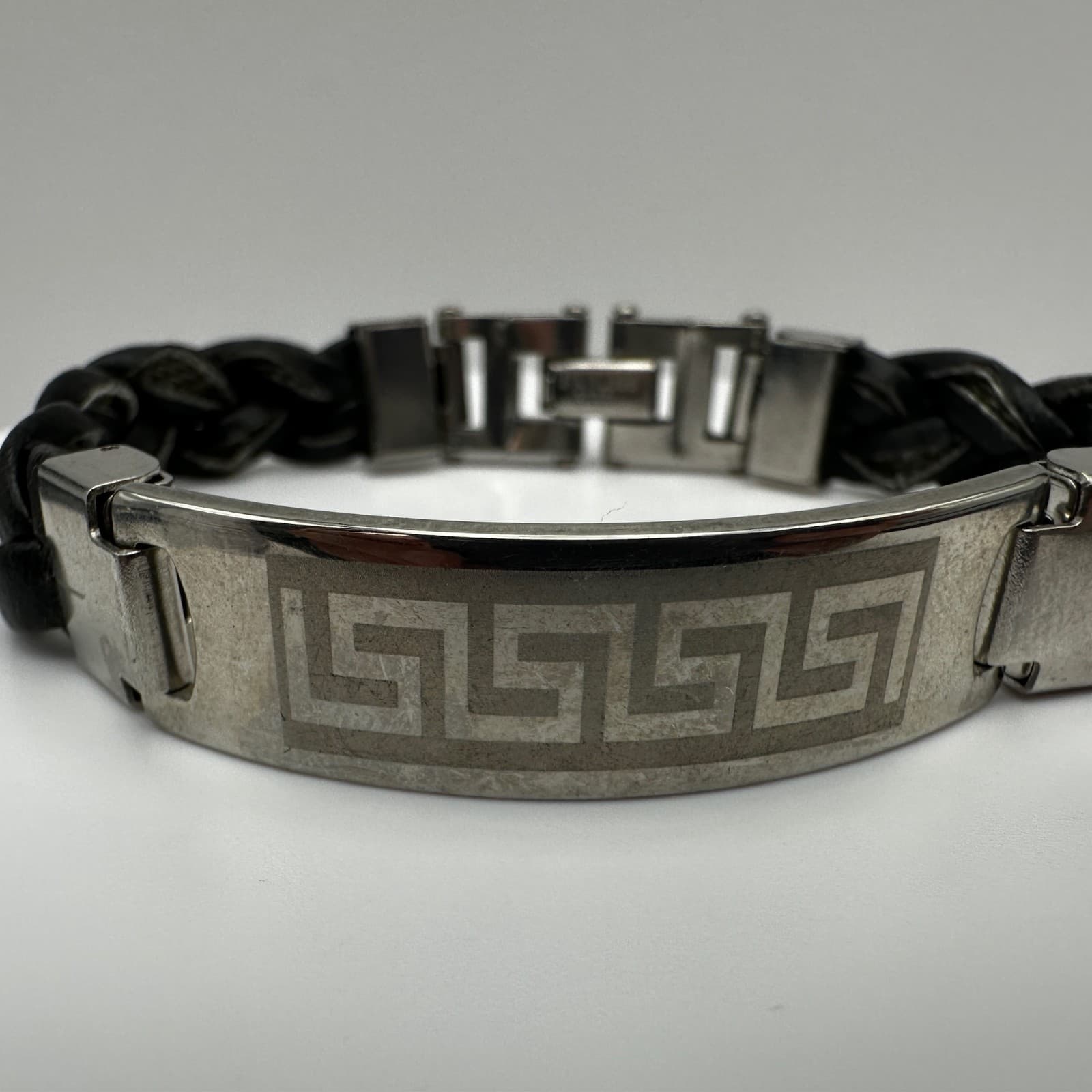 Vintage 90s Stainless Steel Black Braided Leather Bracelet Silver Tone Jewelry - Thumbnail 3