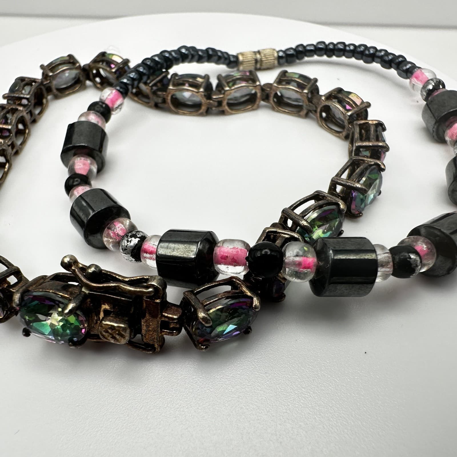 Vintage 90s Black & Pink Hematite Magnetic Necklace & Wrap Bracelet Set - Thumbnail 5