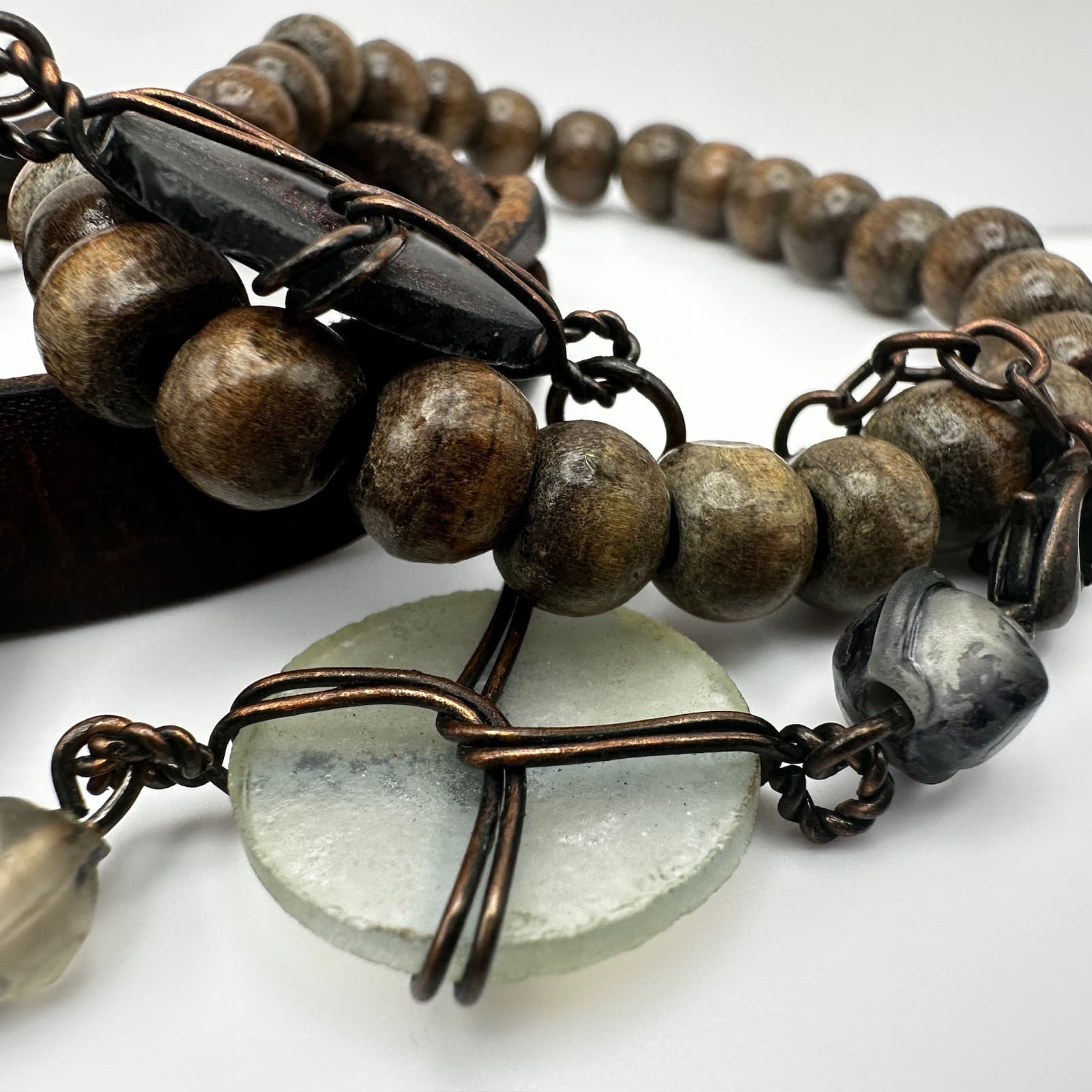 Vintage 80s Boho Layer Leather & Wood Bead Bracelets Wire-Wrapped Charms Jewelry - Thumbnail 6