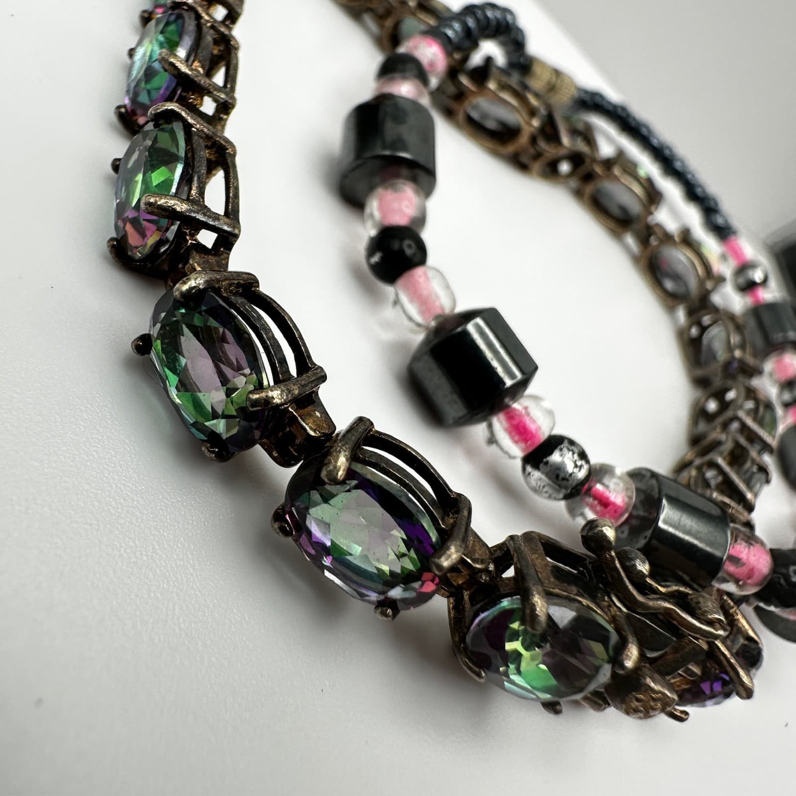 Vintage 90s Black & Pink Hematite Magnetic Necklace & Wrap Bracelet Set - Thumbnail 3