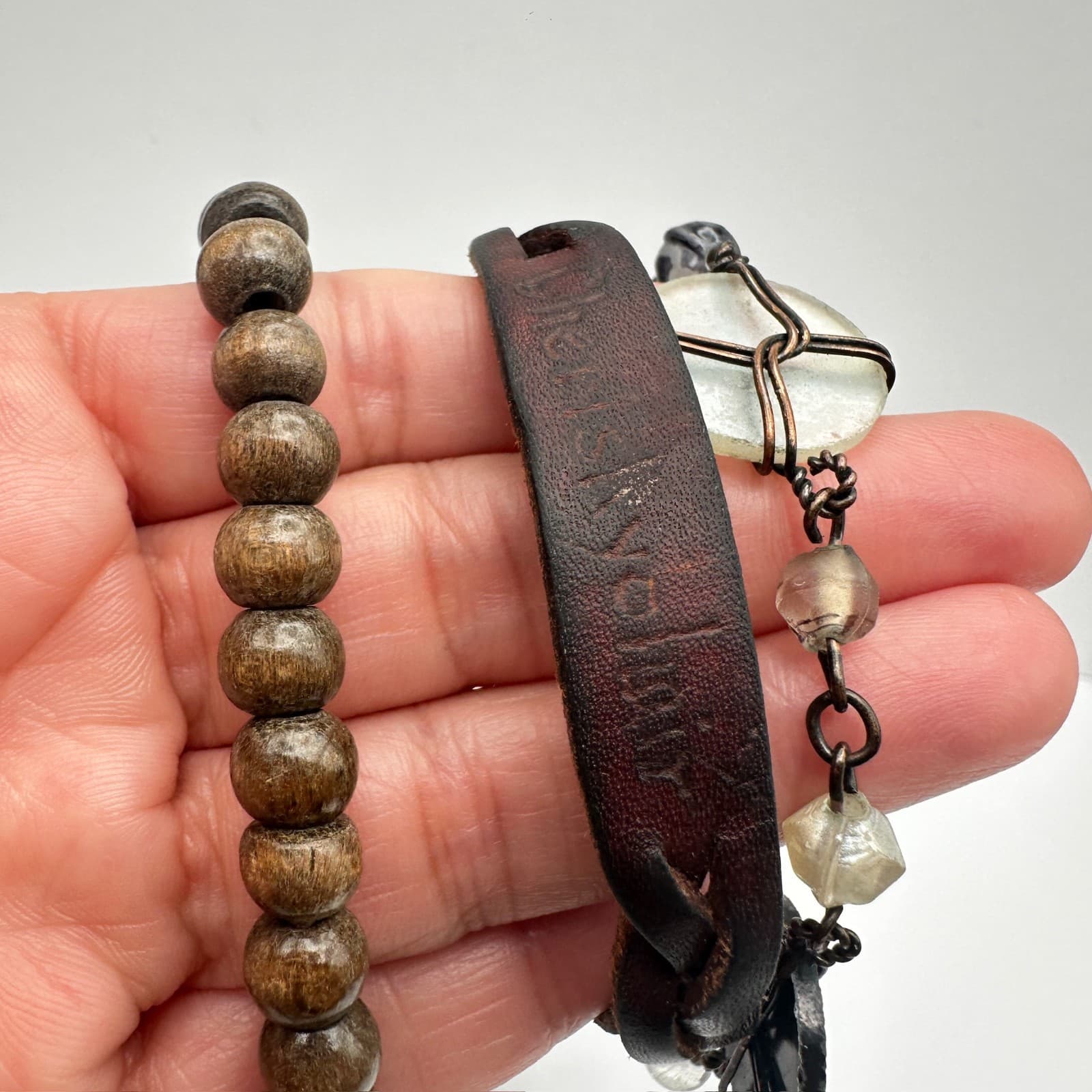 Vintage 80s Boho Layer Leather & Wood Bead Bracelets Wire-Wrapped Charms Jewelry - Thumbnail 11