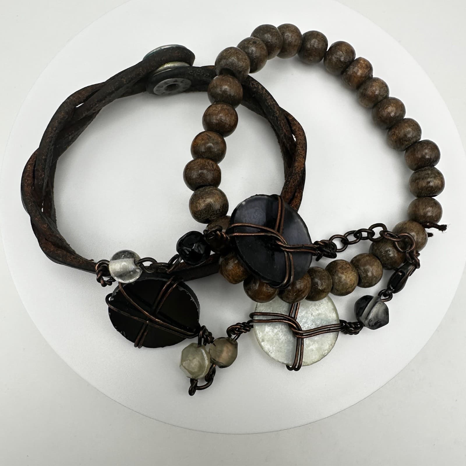 Vintage 80s Boho Layer Leather & Wood Bead Bracelets Wire-Wrapped Charms Jewelry - Thumbnail 2