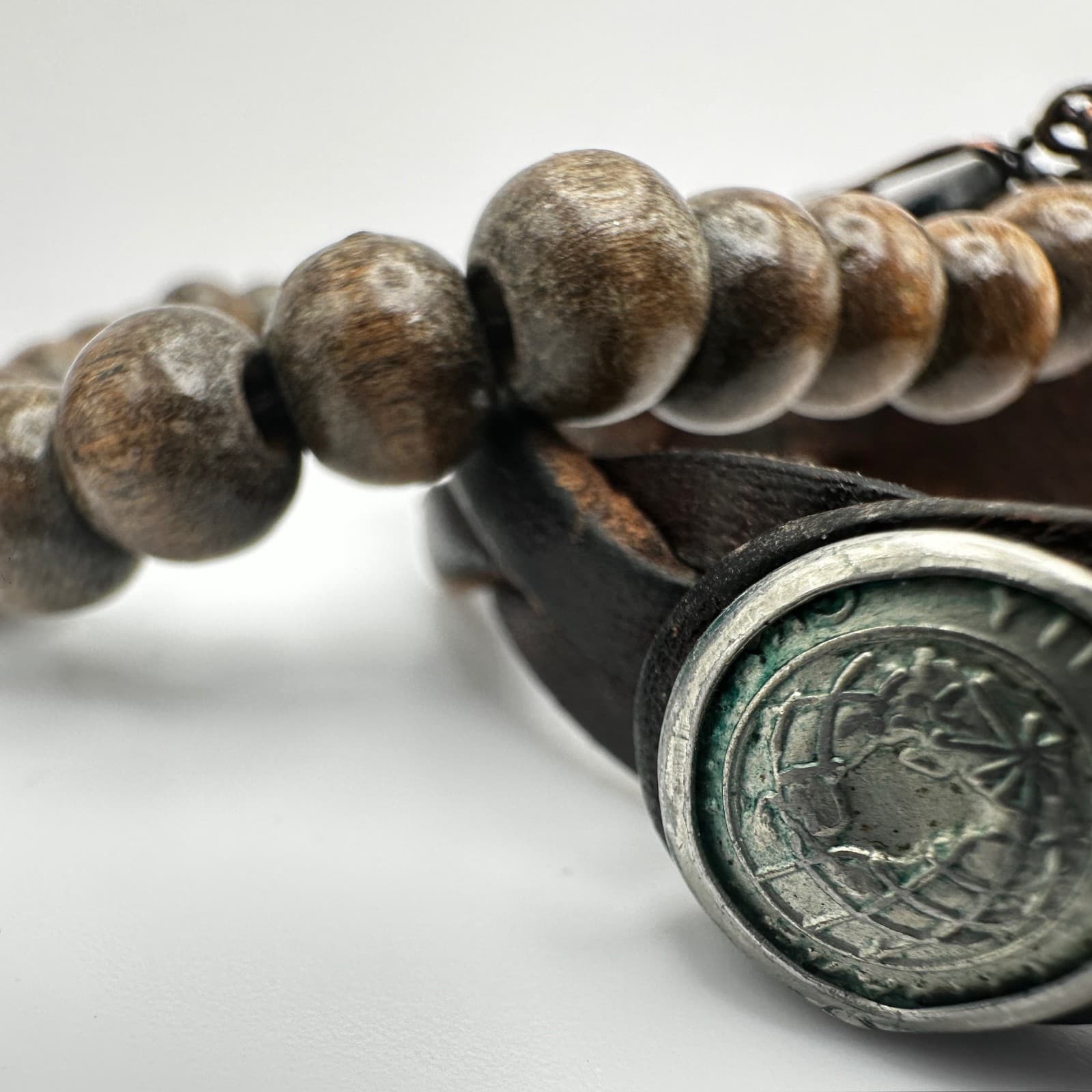 Vintage 80s Boho Layer Leather & Wood Bead Bracelets Wire-Wrapped Charms Jewelry - Thumbnail 10