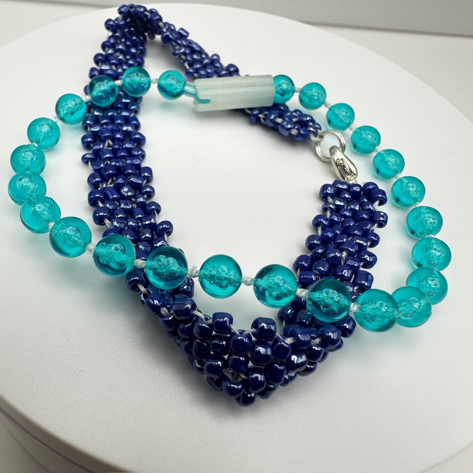 Vintage 90s Multi-Strand Navy & Aqua Blue Faceted Glass Bead Bracelet Jewelry - Thumbnail 10