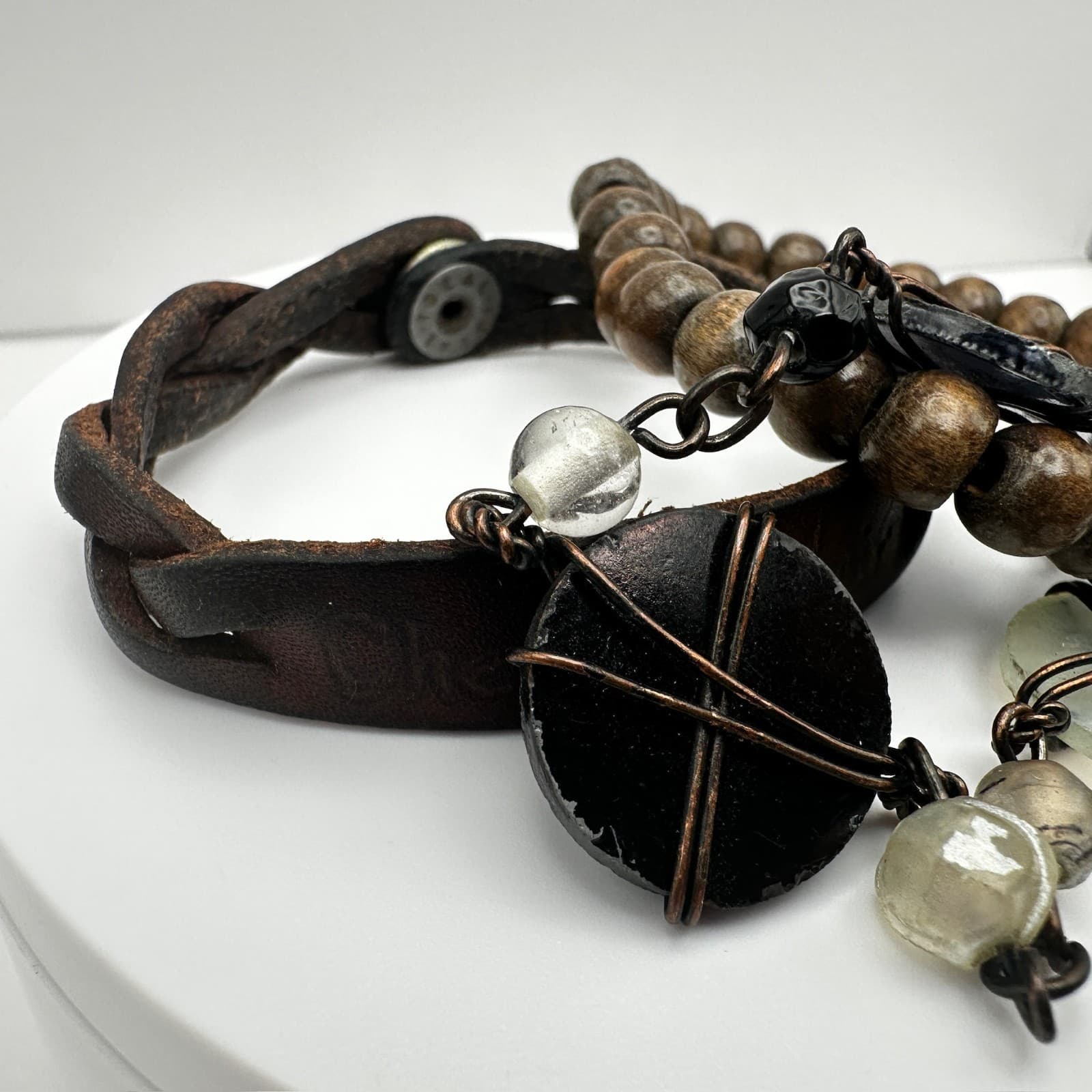 Vintage 80s Boho Layer Leather & Wood Bead Bracelets Wire-Wrapped Charms Jewelry - Thumbnail 4