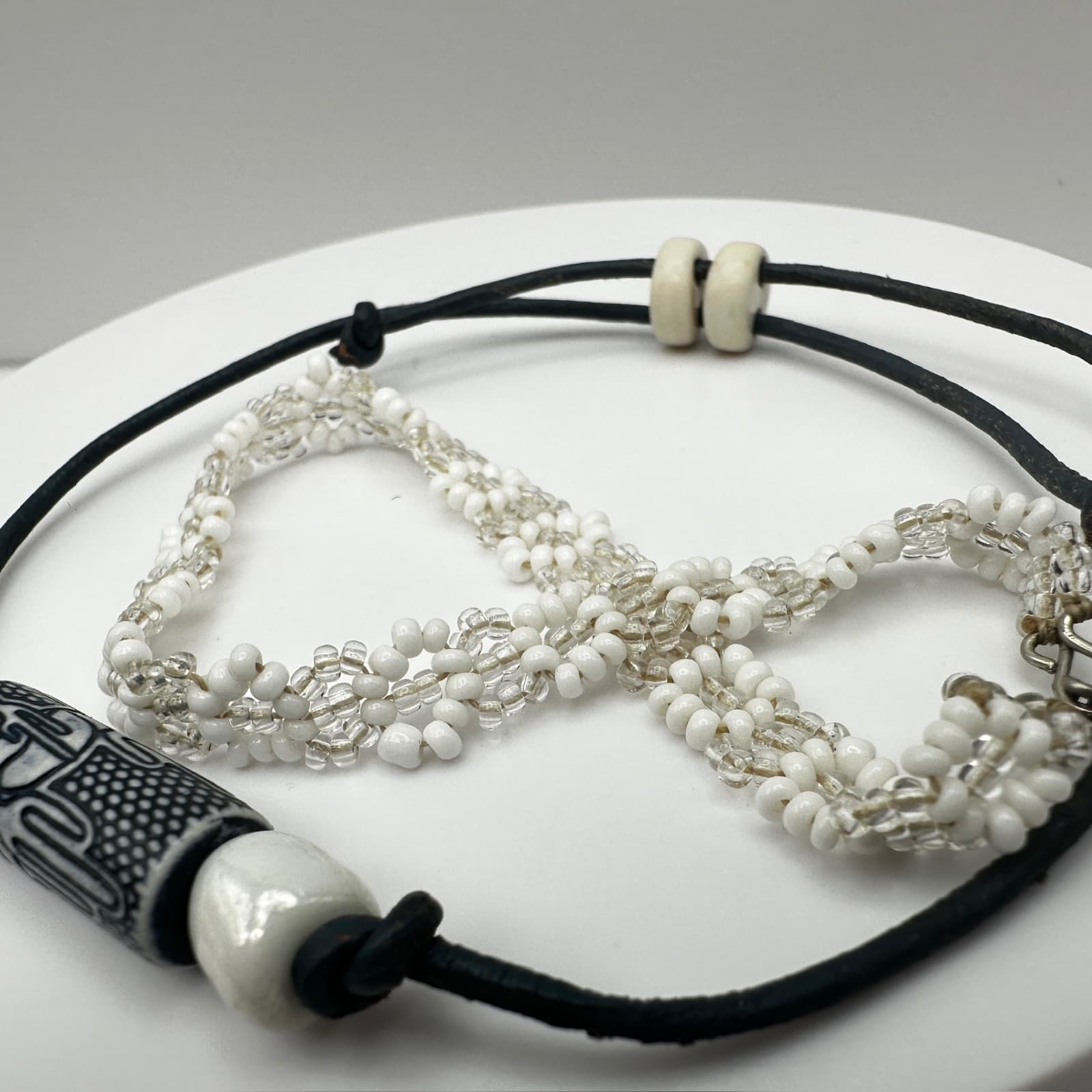 Vintage 90s Black Cord Tribal Ceramic Bead & White Daisy Chain Bracelets Jewelry - Thumbnail 6