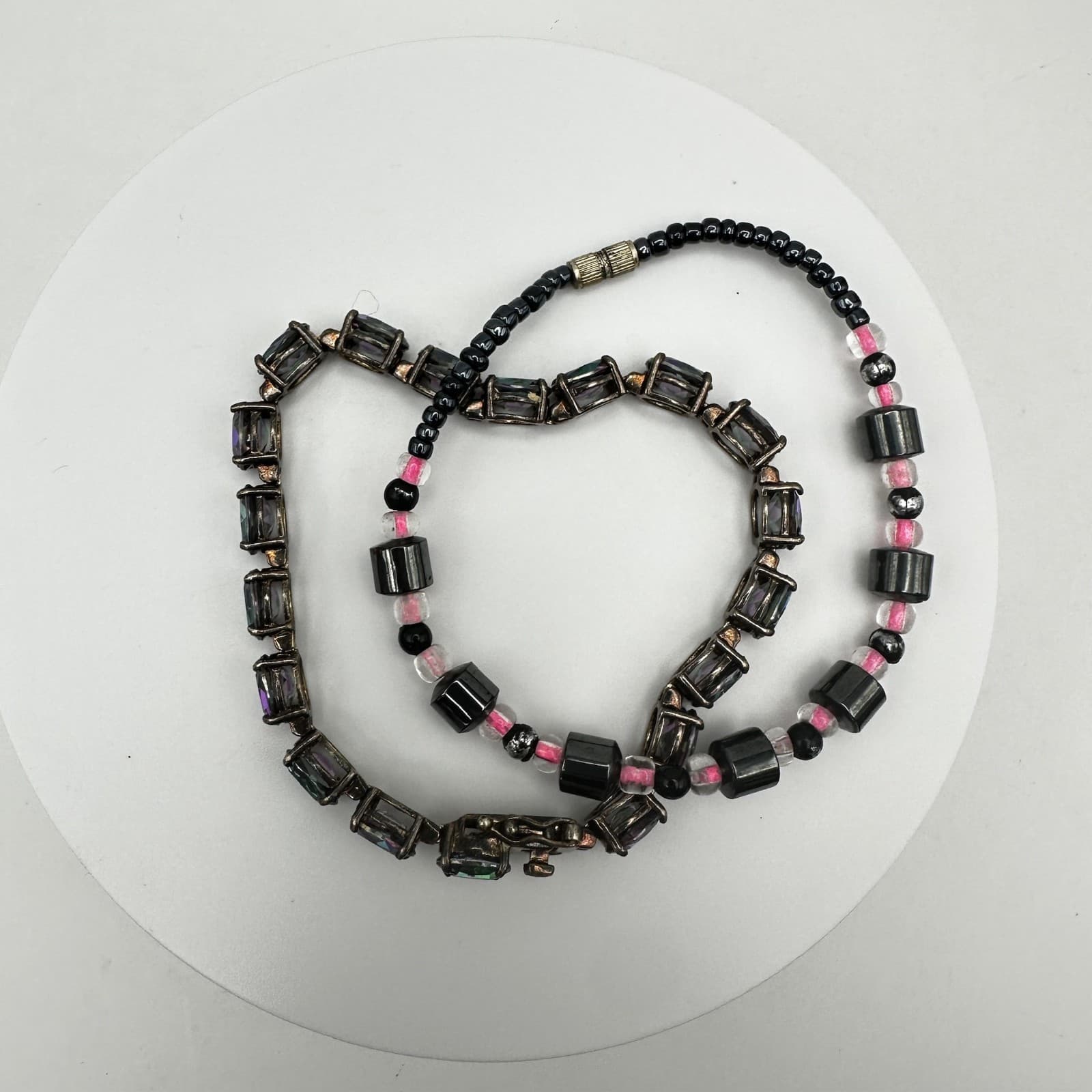 Vintage 90s Black & Pink Hematite Magnetic Necklace & Wrap Bracelet Set - Image 1