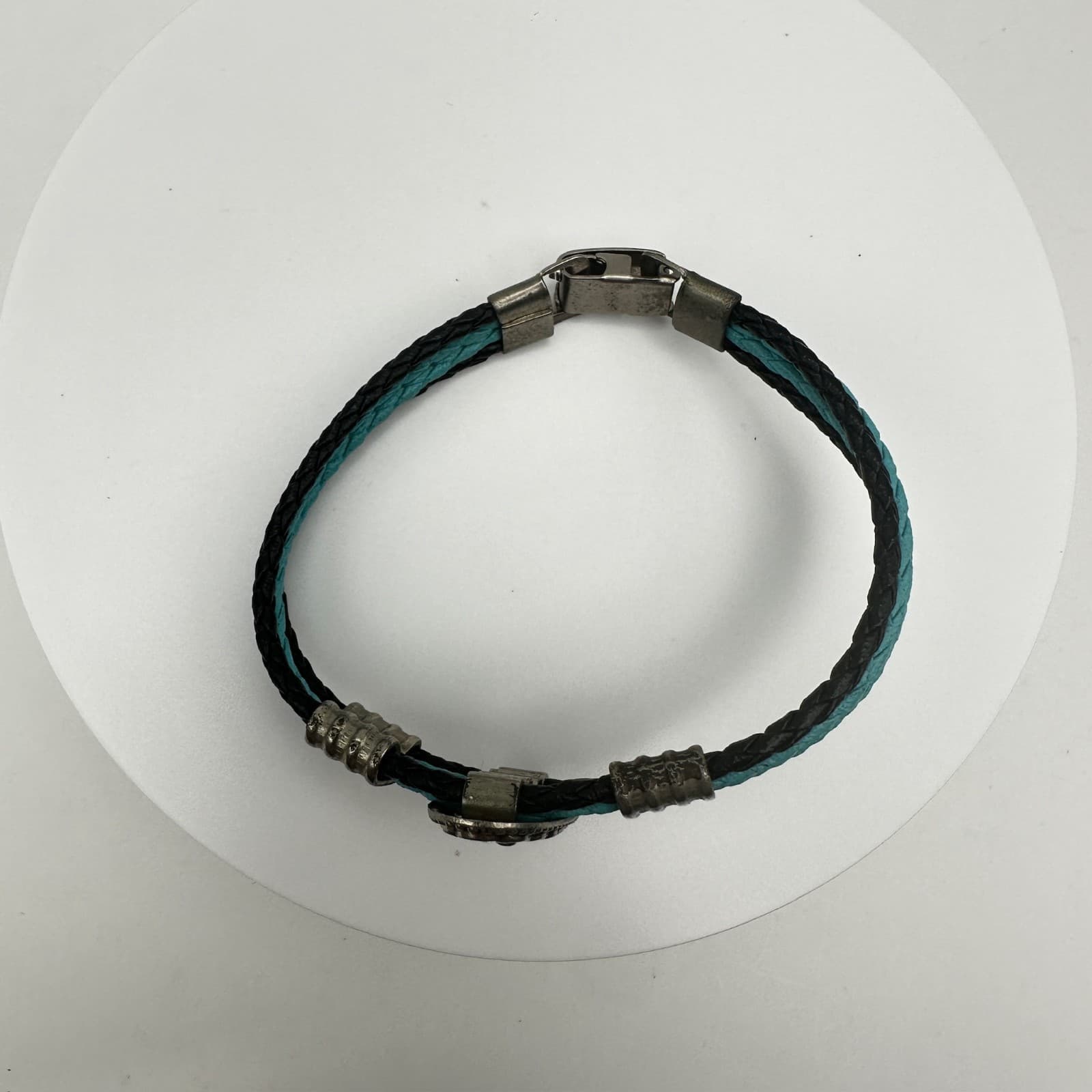 Vintage 80s Black & Turquoise Braided Bracelet, Silver-Tone Concho & Box Clasp - Thumbnail 5
