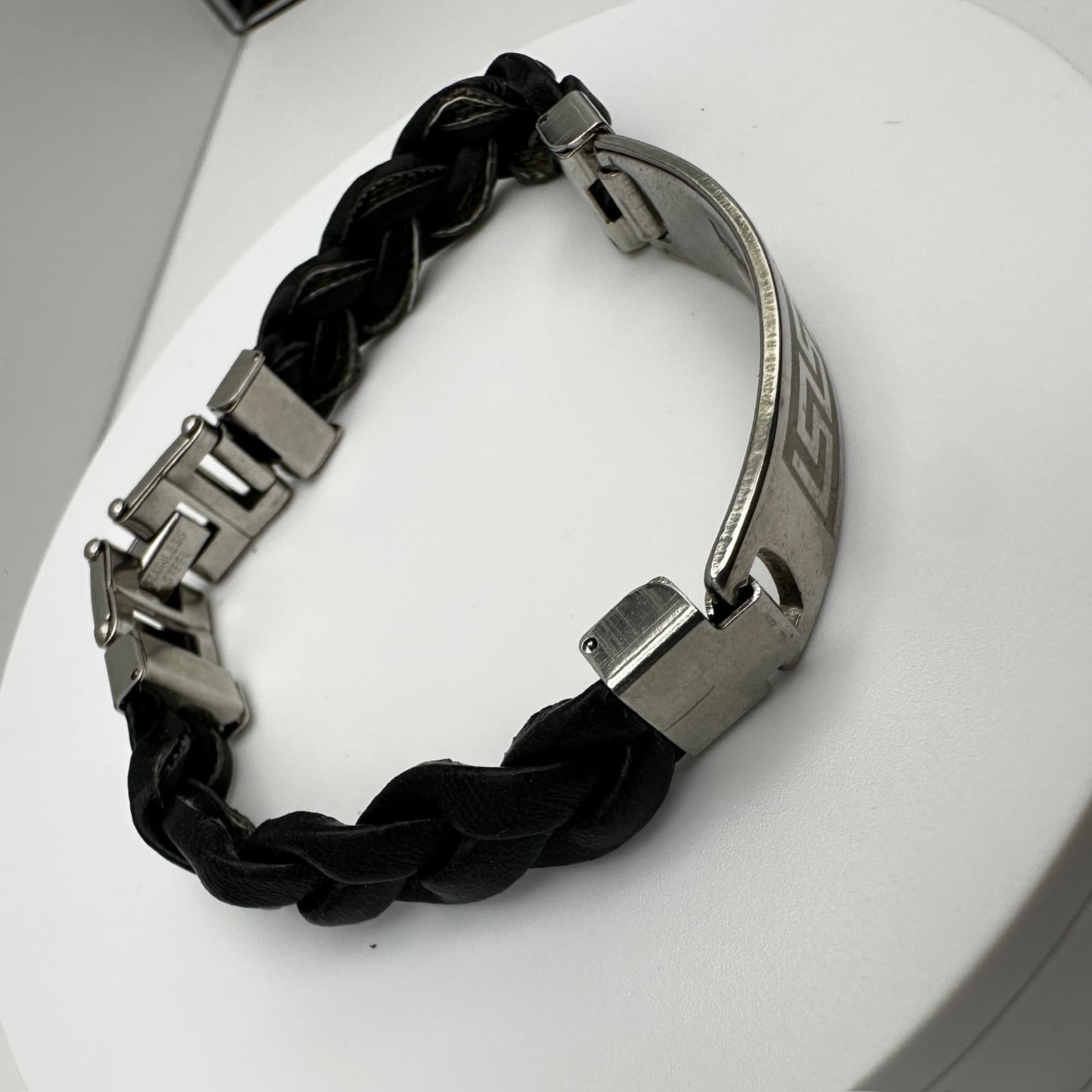 Vintage 90s Stainless Steel Black Braided Leather Bracelet Silver Tone Jewelry - Thumbnail 5