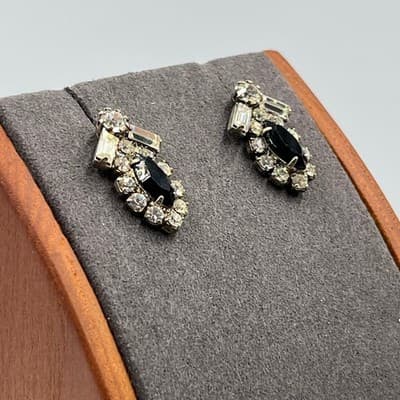 VTG Black & Clear Rhinestone Jewelry Set Necklace Bracelet Earrings Silver Tone - Thumbnail 15