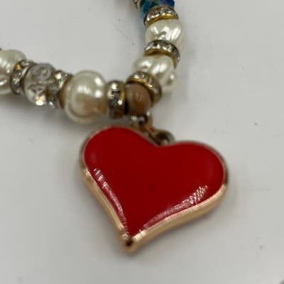 Vintage Beaded Bracelet Red Heart Charm Faux Pearl Crystal Rhinestone Accent - Thumbnail 3