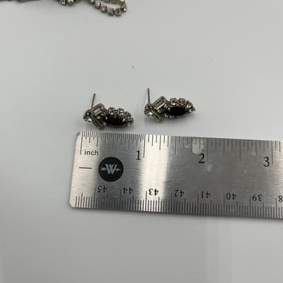 VTG Black & Clear Rhinestone Jewelry Set Necklace Bracelet Earrings Silver Tone - Thumbnail 17