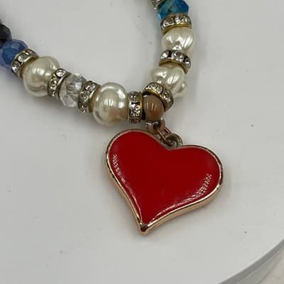 Vintage Beaded Bracelet Red Heart Charm Faux Pearl Crystal Rhinestone Accent - Thumbnail 4