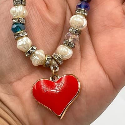 Vintage Beaded Bracelet Red Heart Charm Faux Pearl Crystal Rhinestone Accent - Thumbnail 6