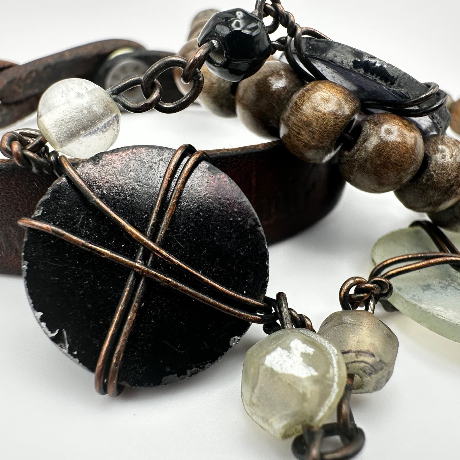 Vintage 80s Boho Layer Leather & Wood Bead Bracelets Wire-Wrapped Charms Jewelry - Thumbnail 5