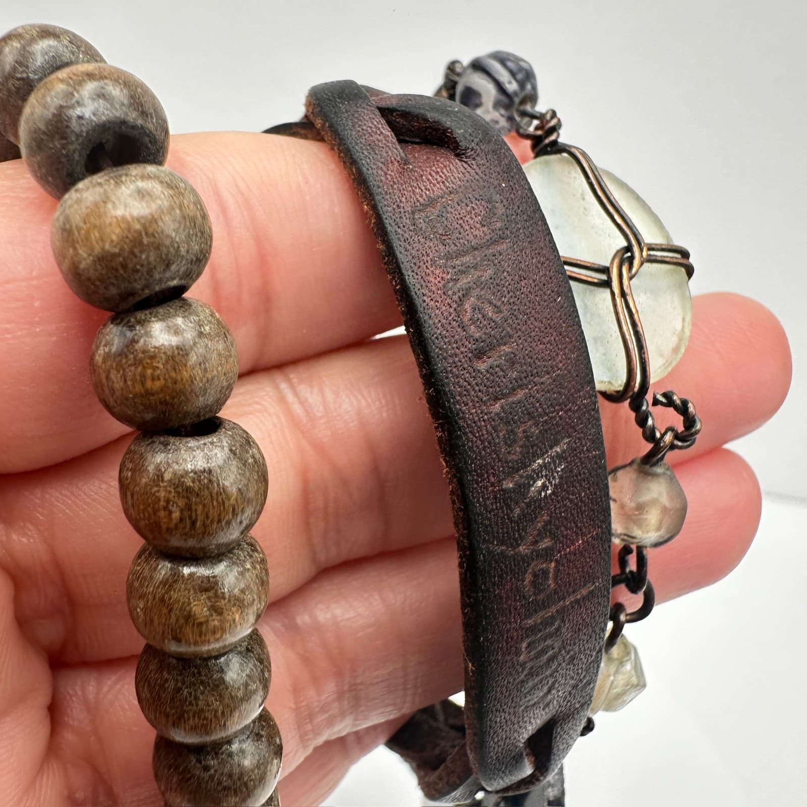 Vintage 80s Boho Layer Leather & Wood Bead Bracelets Wire-Wrapped Charms Jewelry - Thumbnail 12