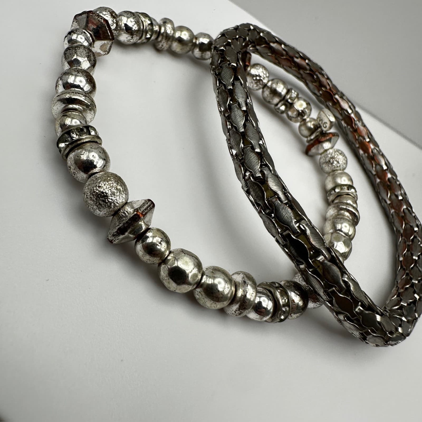 Vintage 90s Dual-Tone Multi-Strand Leather & Silver-Tone Metal Bead Bracelets - Thumbnail 3