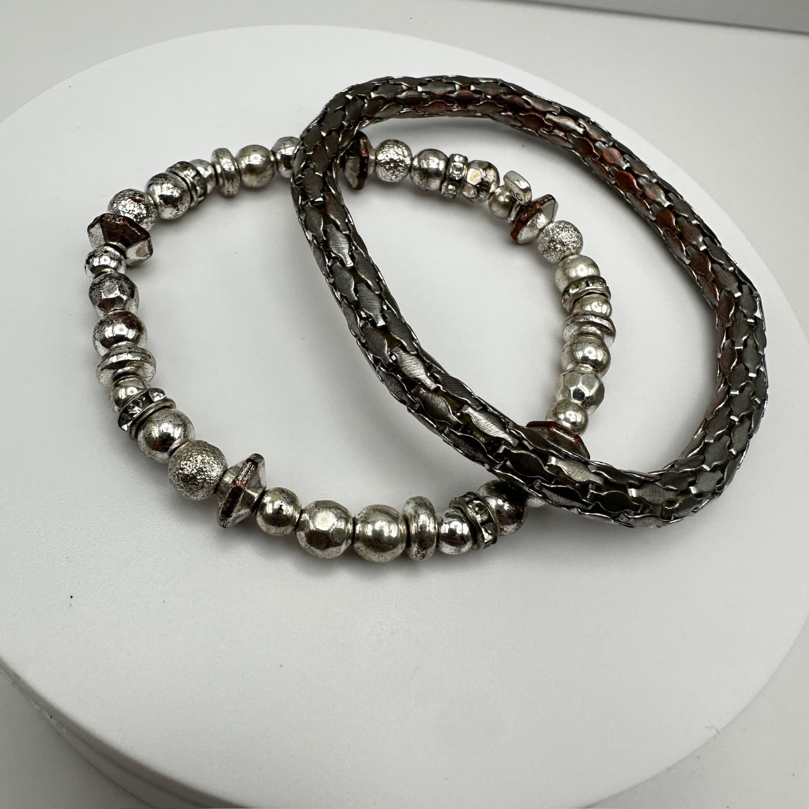 Vintage 90s Dual-Tone Multi-Strand Leather & Silver-Tone Metal Bead Bracelets - Thumbnail 2
