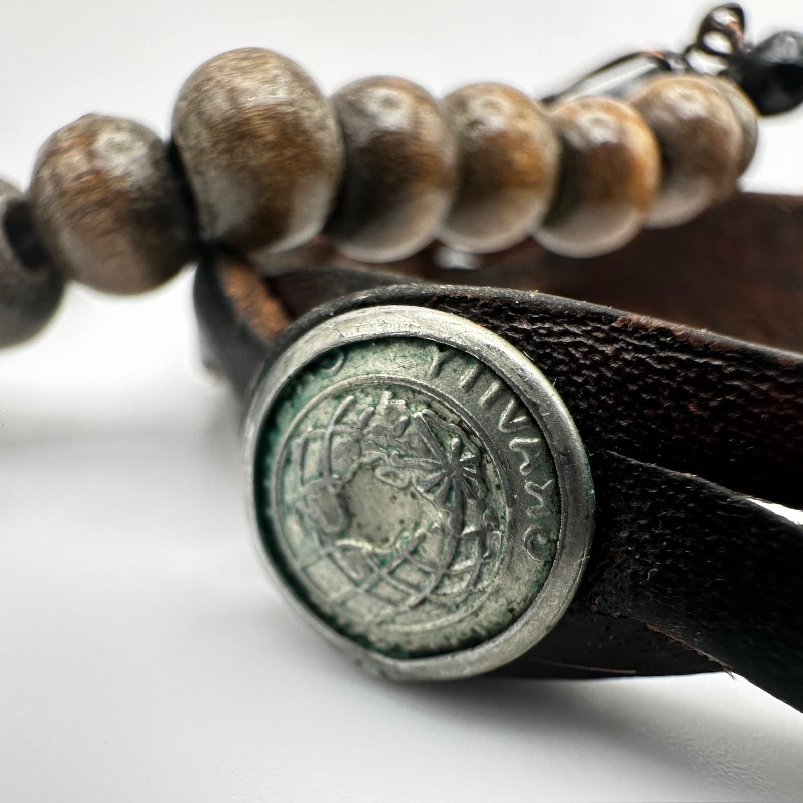 Vintage 80s Boho Layer Leather & Wood Bead Bracelets Wire-Wrapped Charms Jewelry - Thumbnail 9