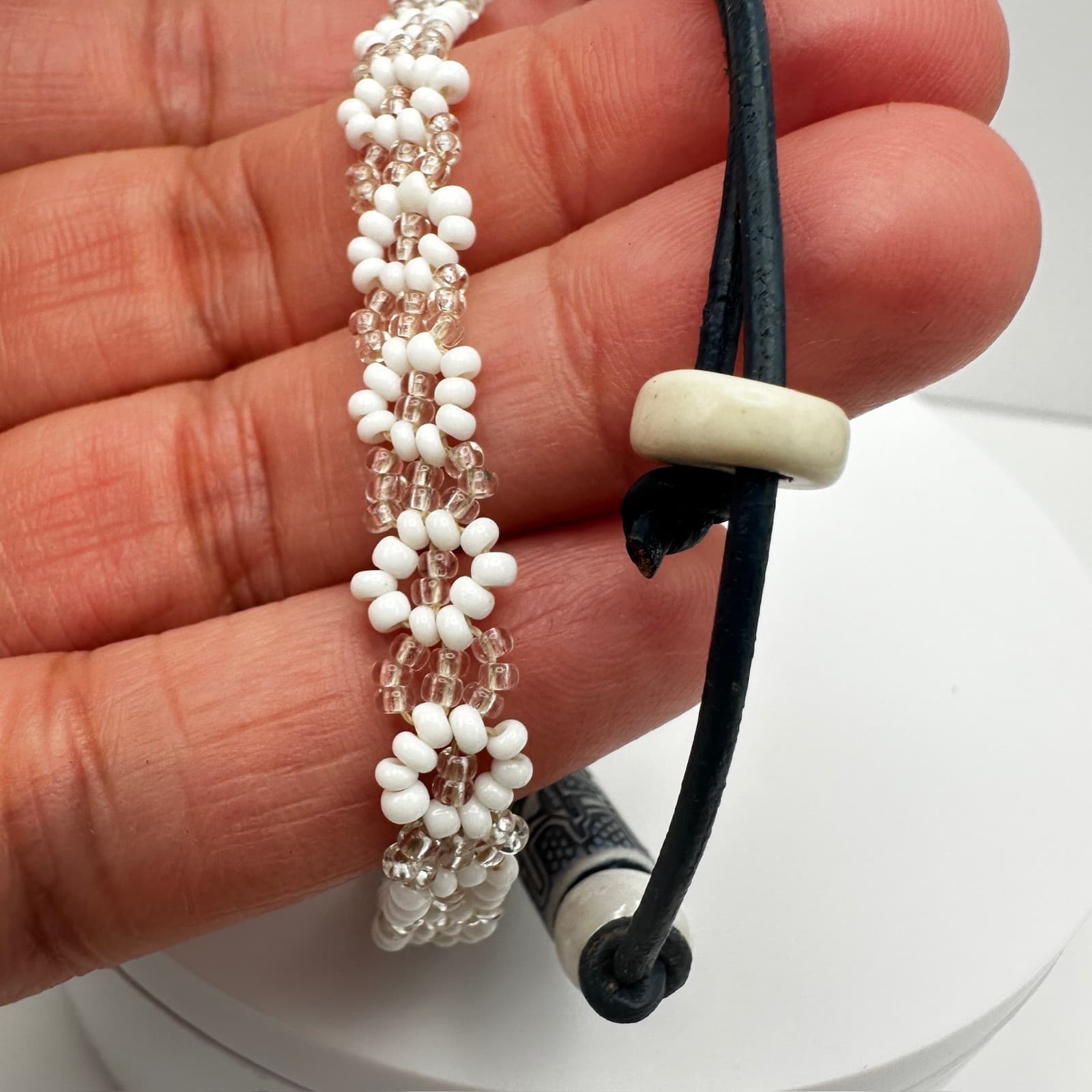 Vintage 90s Black Cord Tribal Ceramic Bead & White Daisy Chain Bracelets Jewelry - Thumbnail 9