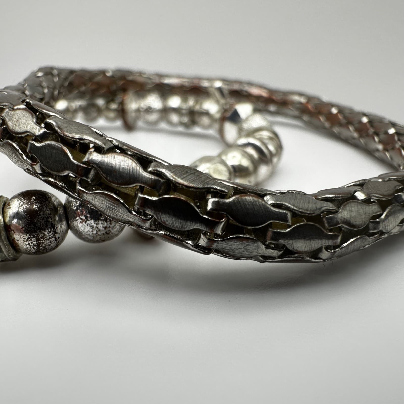 Vintage 90s Dual-Tone Multi-Strand Leather & Silver-Tone Metal Bead Bracelets - Thumbnail 8