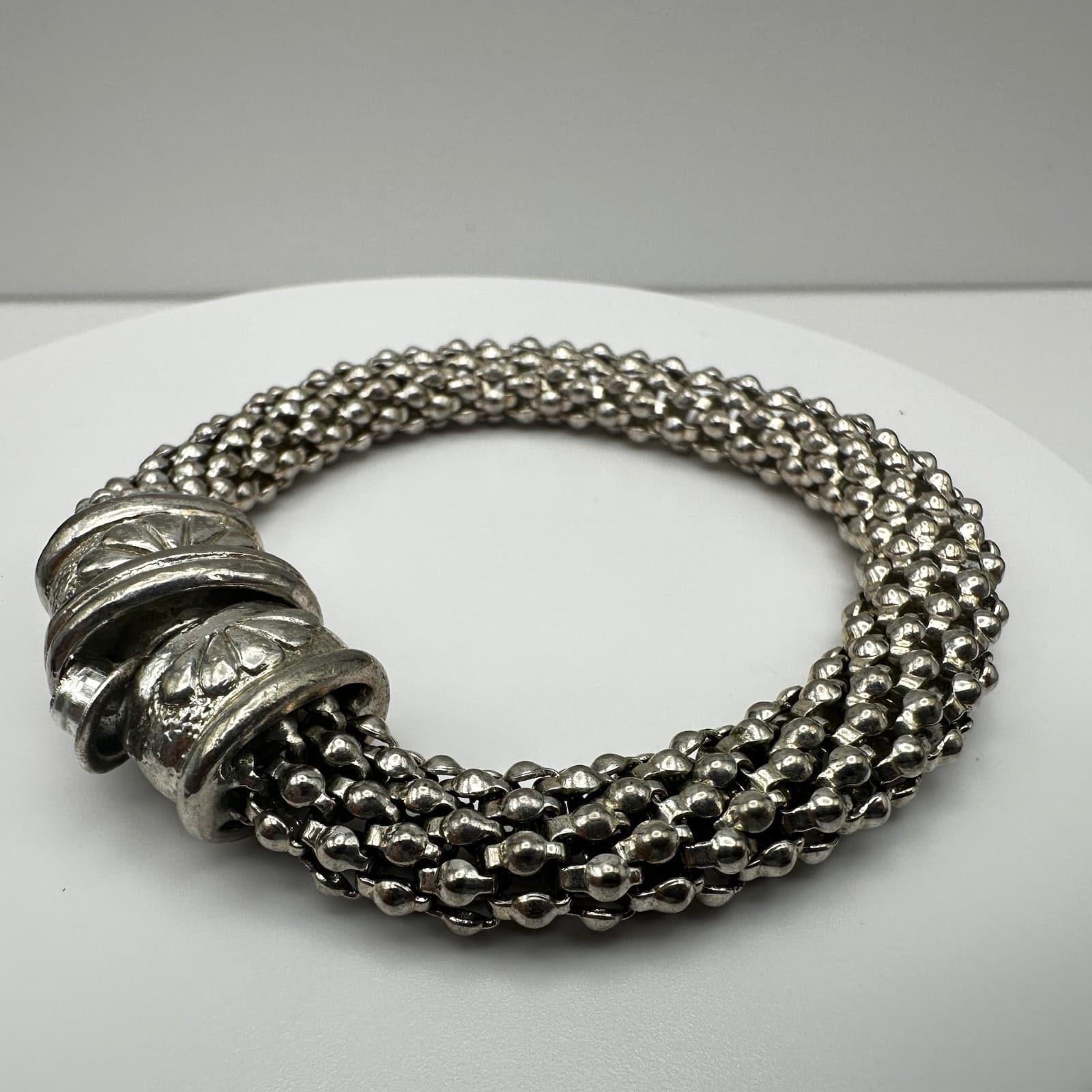 Vintage 80s Silver Beaded Multi-Strand Bracelet Ornate Floral Clasp jewelry - Thumbnail 7