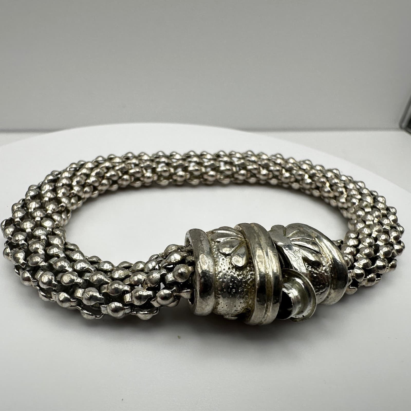 Vintage 80s Silver Beaded Multi-Strand Bracelet Ornate Floral Clasp jewelry - Thumbnail 3