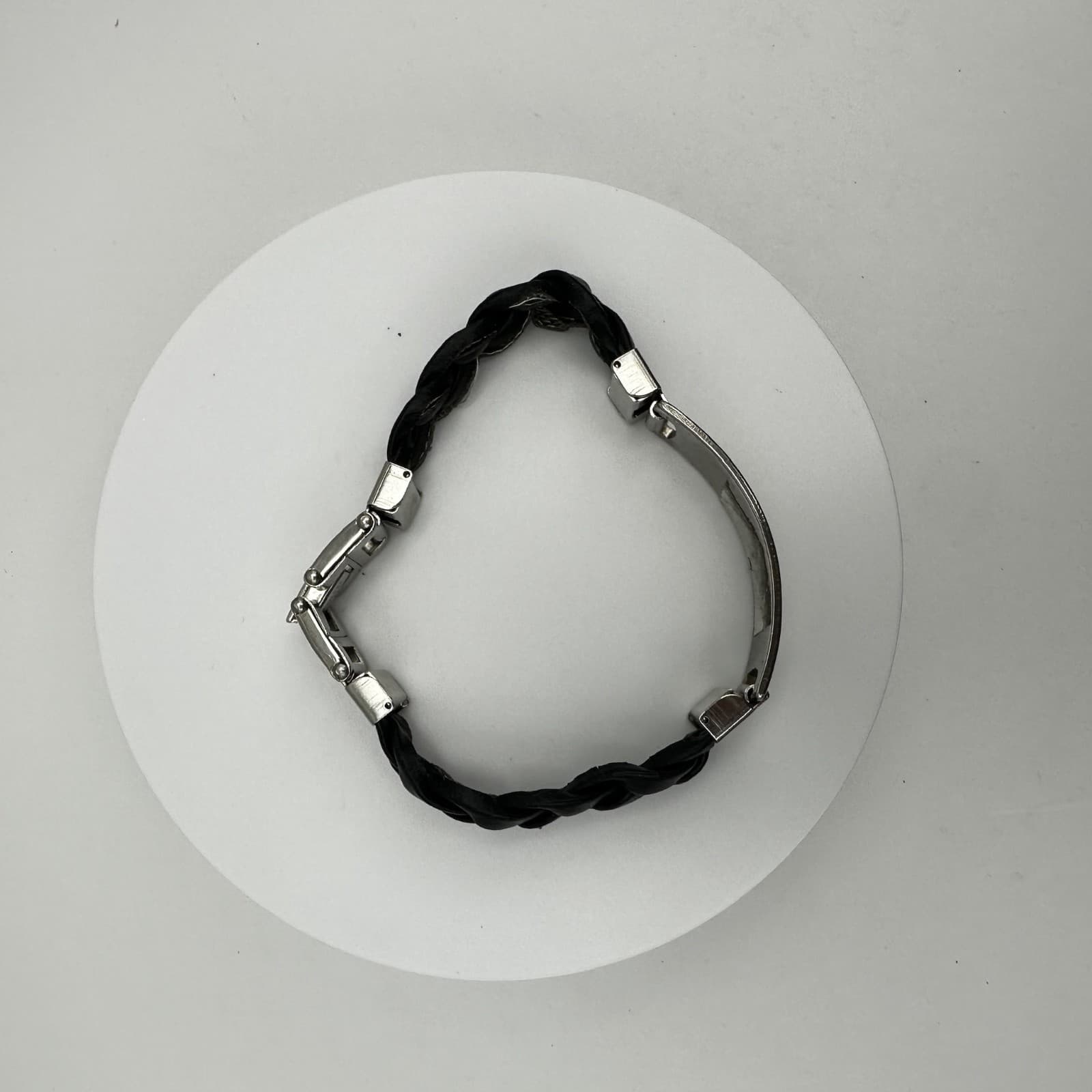 Vintage 90s Stainless Steel Black Braided Leather Bracelet Silver Tone Jewelry - Thumbnail 4