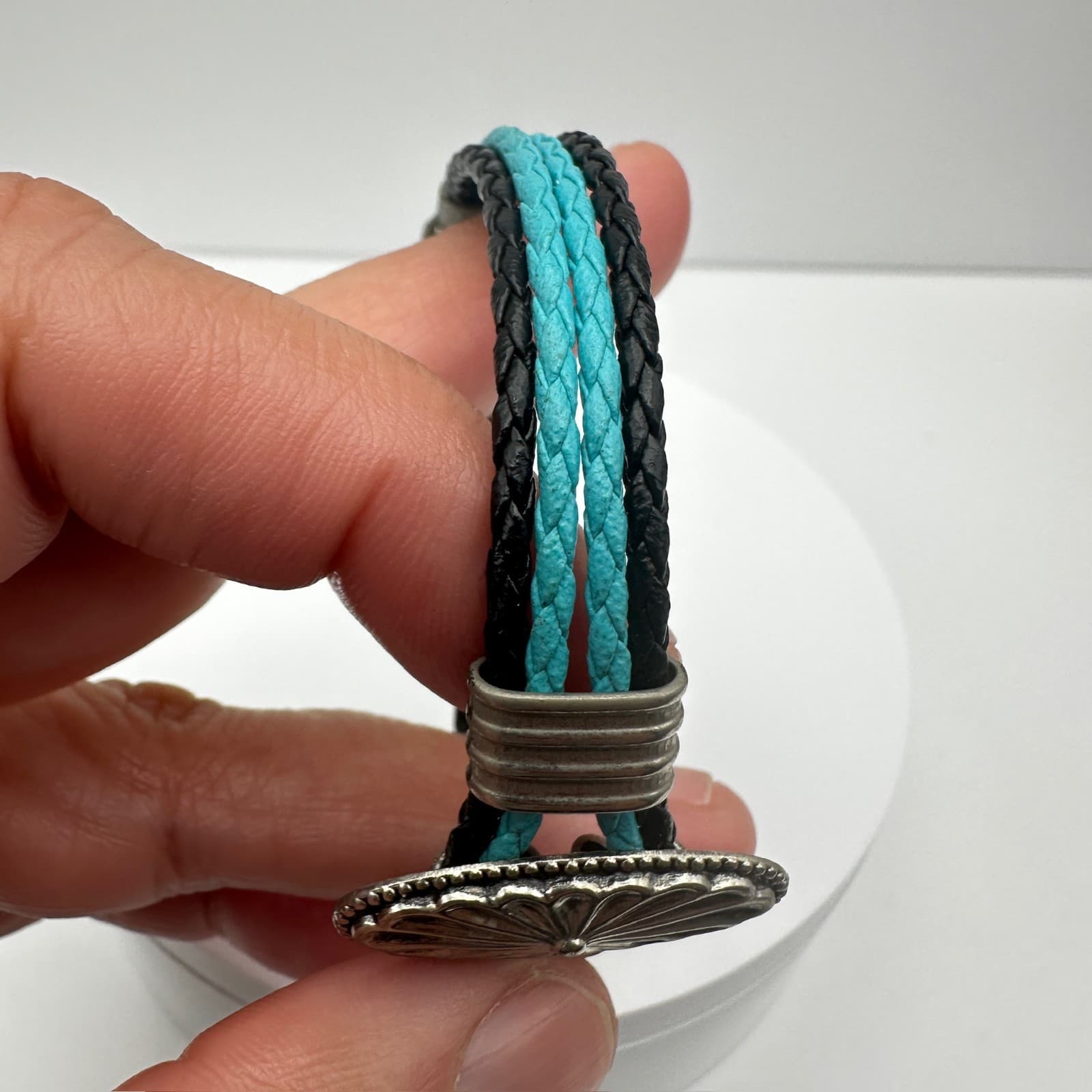 Vintage 80s Black & Turquoise Braided Bracelet, Silver-Tone Concho & Box Clasp - Thumbnail 10