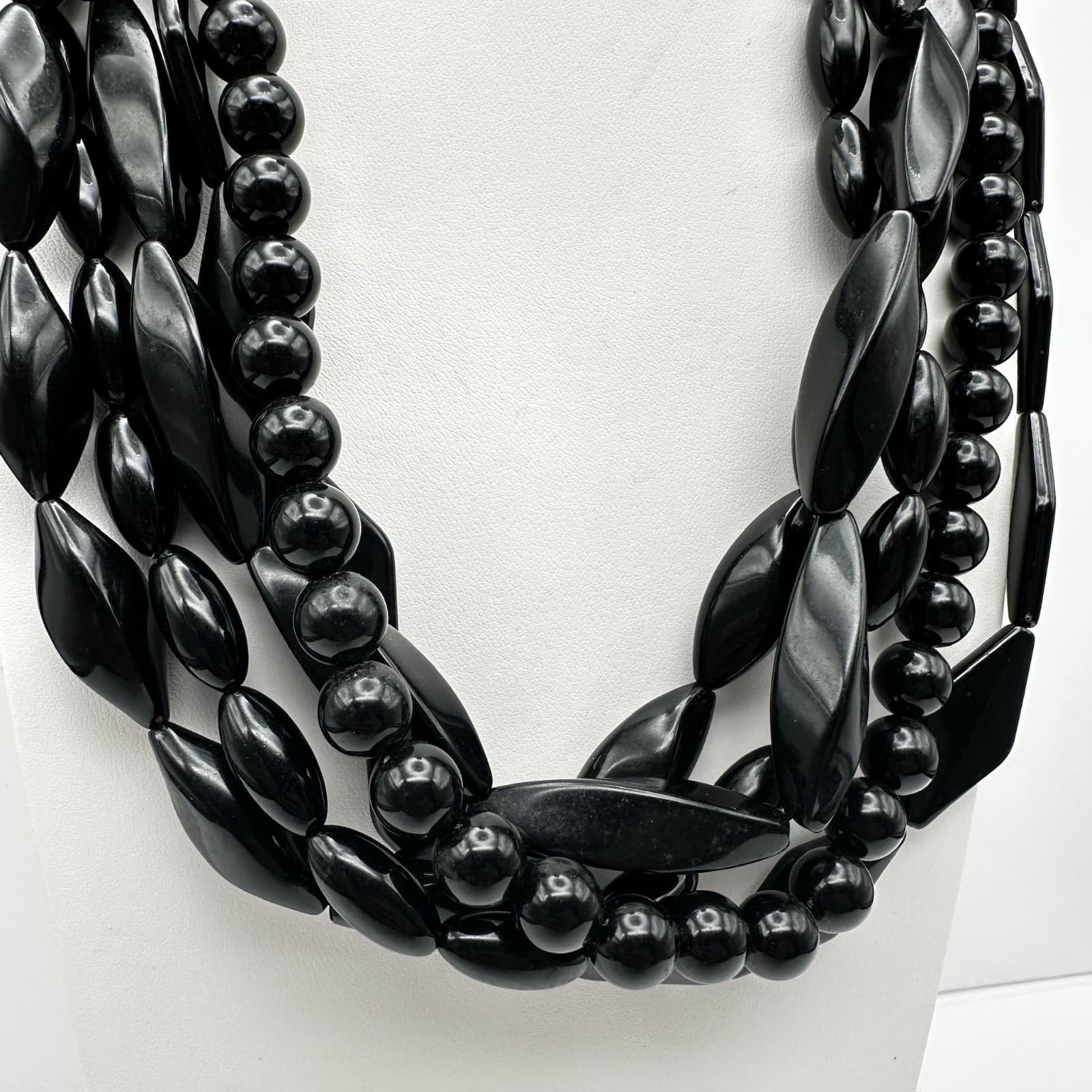 Vintage 80s Black Multi-Strand Necklace Chunky Glossy Bead Women's Jewelry - Thumbnail 2
