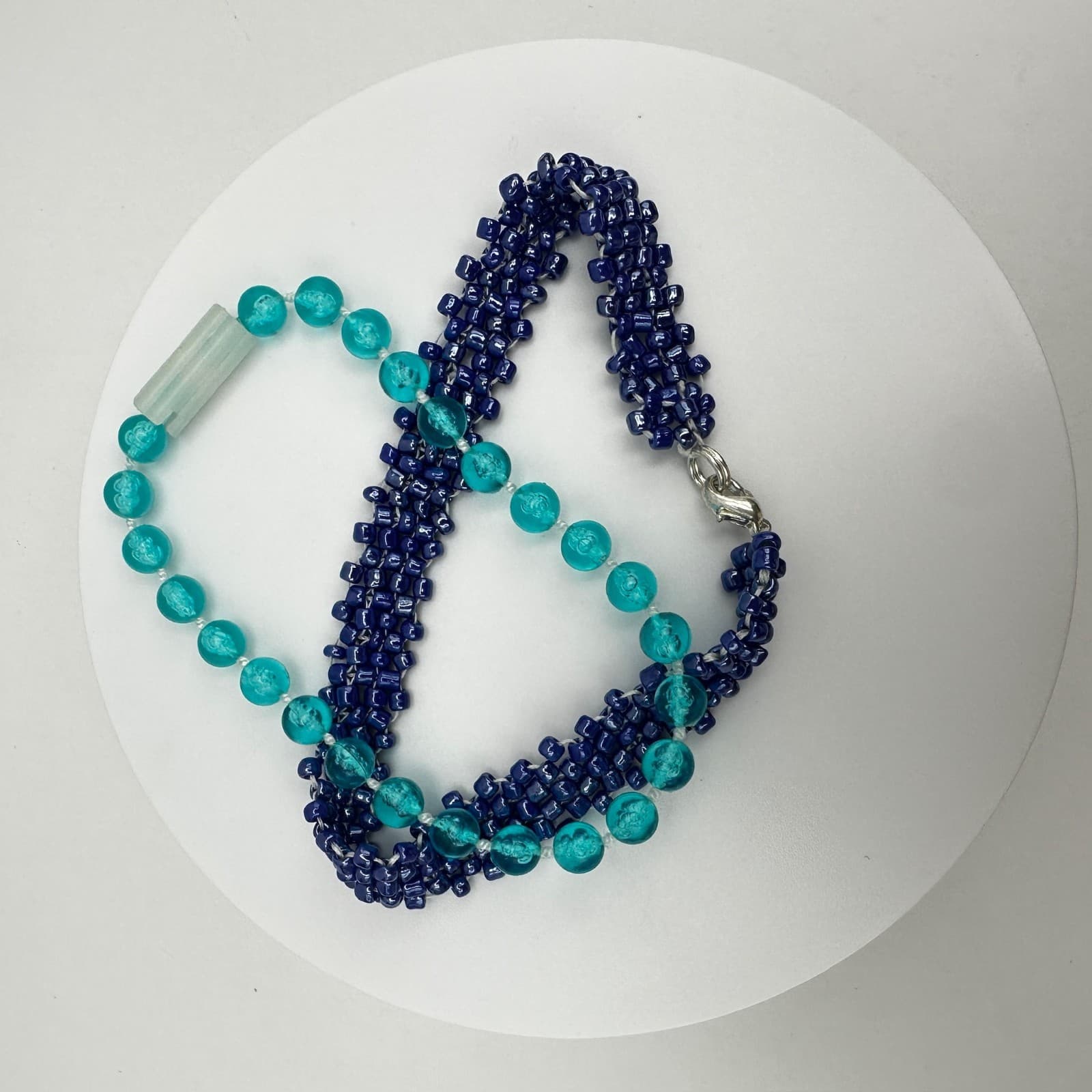 Vintage 90s Multi-Strand Navy & Aqua Blue Faceted Glass Bead Bracelet Jewelry - Thumbnail 2